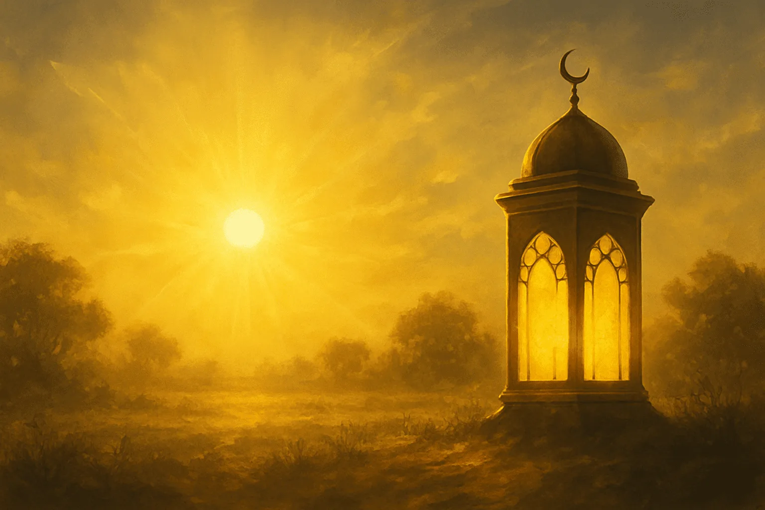 An elegant digital image showing soft radiant Islamic lanterns and glowing light beams emerging from calligraphic patterns, symbolizing divine guidance, inner illumination, and spiritual hope in Islam.