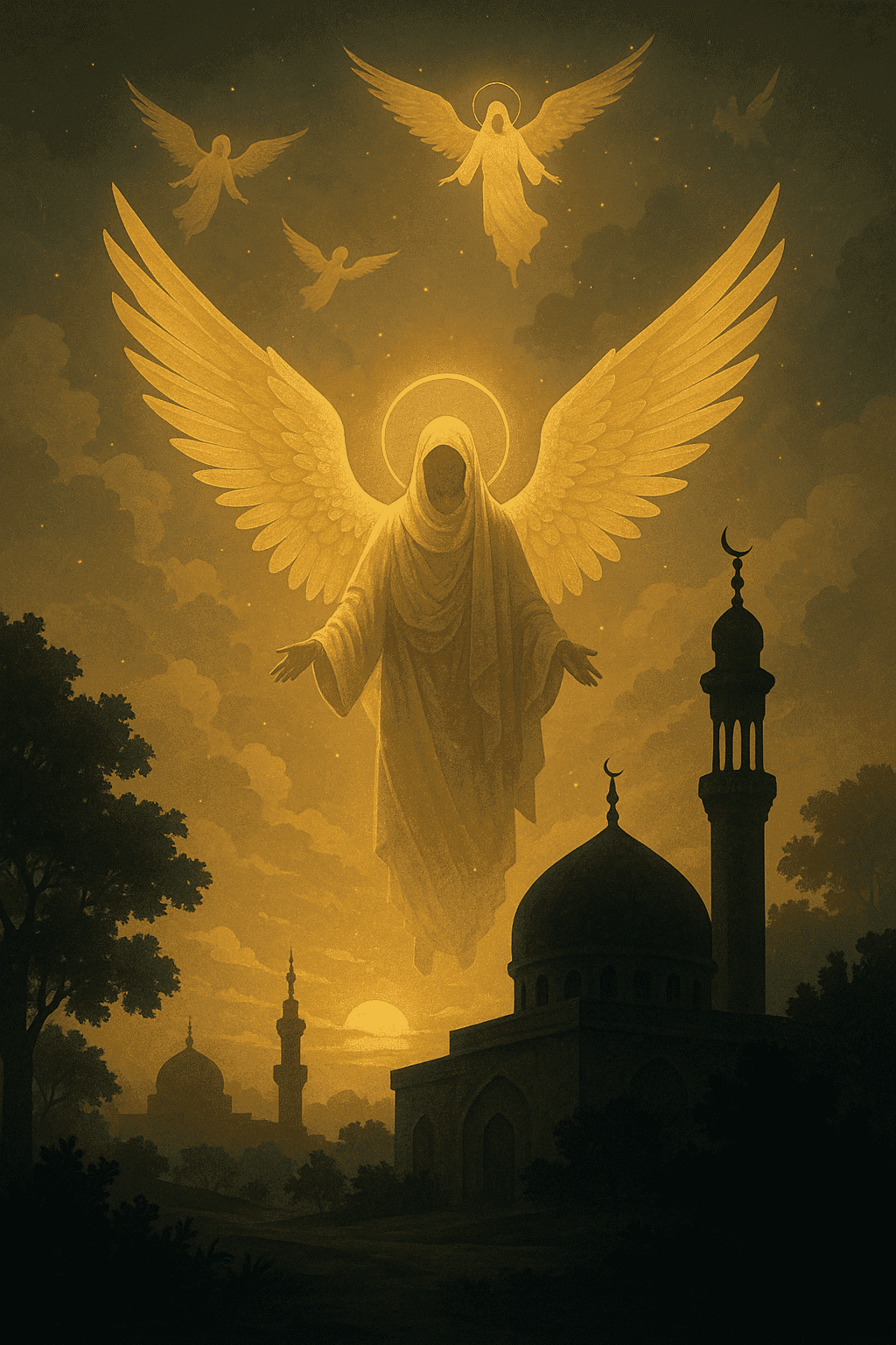 A symbolic illustration of radiant angelic figures descending in soft Islamic light patterns, representing the unseen presence and role of angels as signs from Allah in guiding human lives.