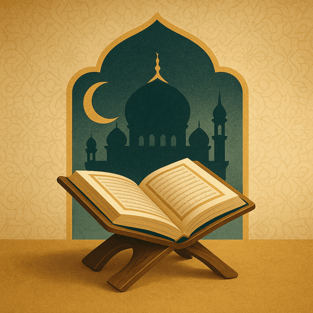 An artistic depiction of a cave entrance bathed in moonlight with glowing script from Surah Al-Kahf, reflecting divine guidance, protection, and timeless lessons for navigating modern life.