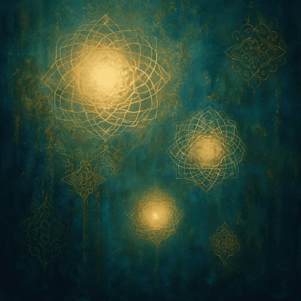 A mystical Islamic inspired illustration showing light descending upon a seeker surrounded by ancient books and celestial symbols, symbolizing Ilm al-Ladunni divine, God given knowledge beyond written texts.