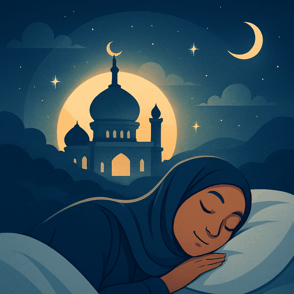 A serene Islamic dreamscape featuring soft clouds, a crescent moon, and abstract symbols floating in a night sky representing the spiritual meanings of common dreams in Islam.
