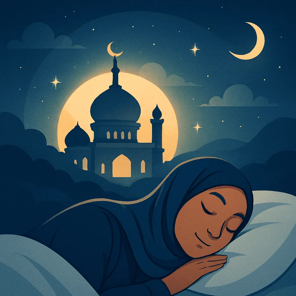 A serene Islamic dreamscape featuring soft clouds, a crescent moon, and abstract symbols floating in a night sky representing the spiritual meanings of common dreams in Islam.