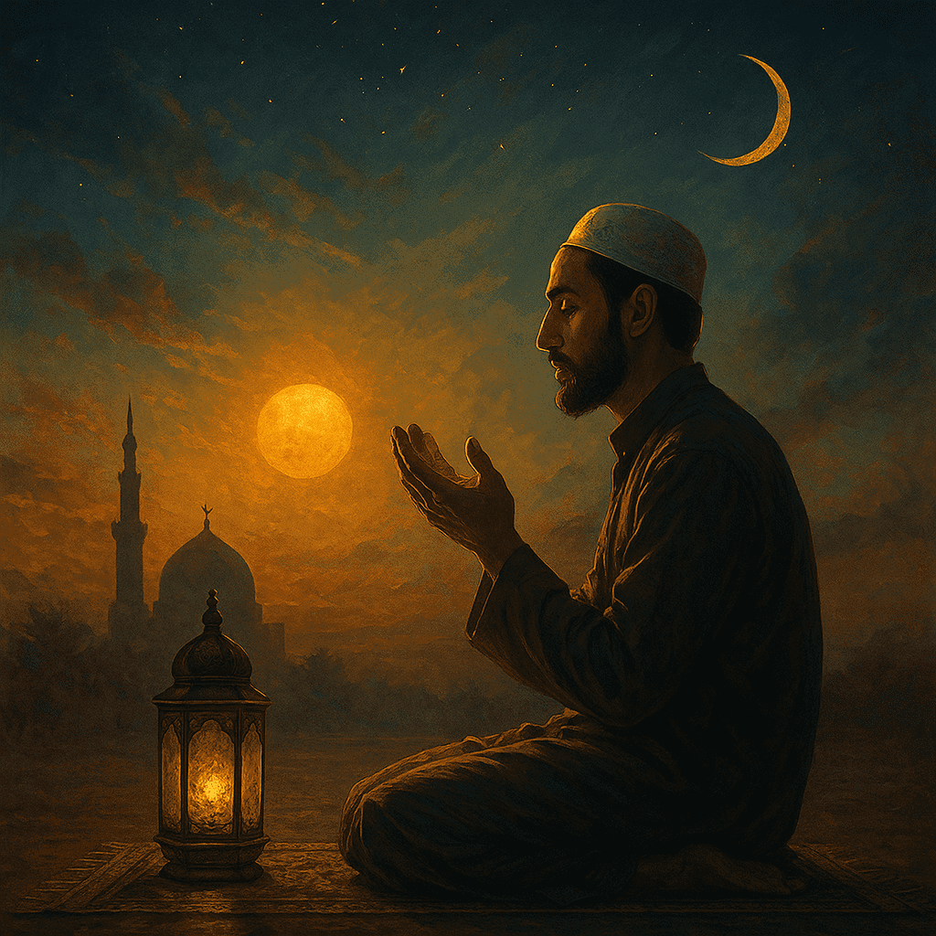 An Islamic prayer scene symbolizing Istikhara seeking divine guidance through prayer, serenity, and spiritual clarity.