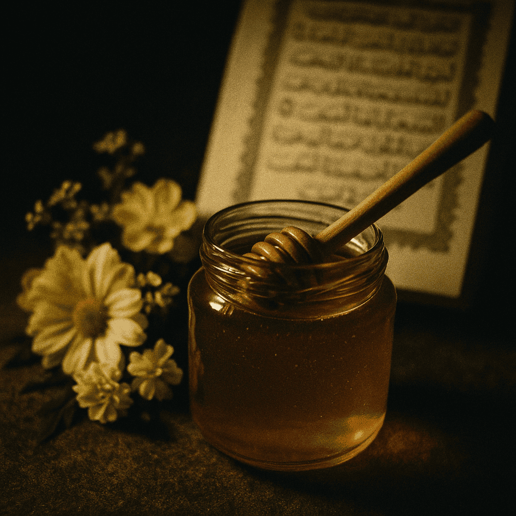 A jar of golden honey with a wooden dipper beside Islamic motifs, symbolizing its sacred healing power in Islamic tradition.