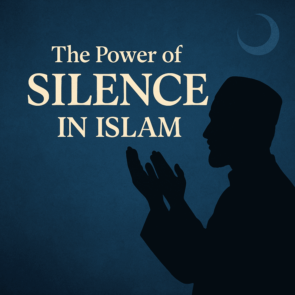 Peaceful Muslim figure in quiet reflection within a serene, softly lit Islamic setting symbolizing the spiritual value of silence and inner wisdom.