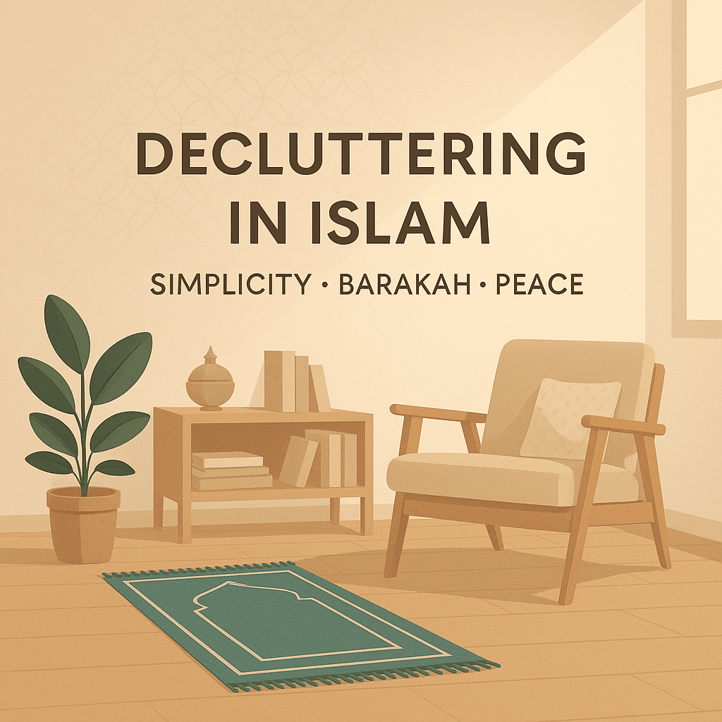 Minimalist Islamic home interior with natural light, simple furniture, and peaceful ambiance symbolizing spiritual simplicity and barakah.