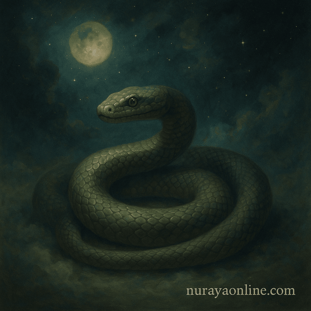 Islamic inspired digital artwork of a coiled snake under moonlight, symbolizing hidden enemies, wisdom, and inner fear as interpreted in Islamic dream traditions.