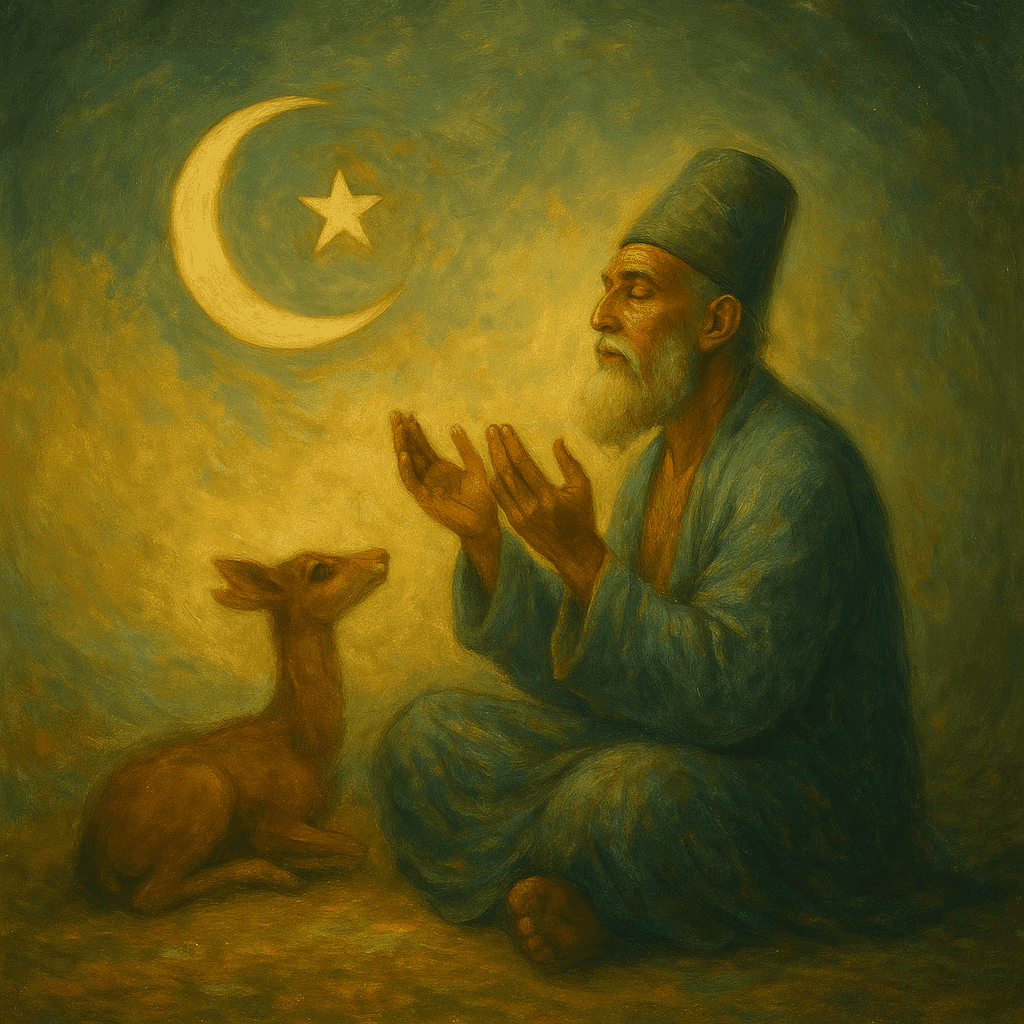 A mystical digital artwork depicting a luminous figure standing at the center of radiating spiritual energy, symbolizing the Qutub the spiritual axis and leader in Islamic mysticism who maintains divine order on Earth.