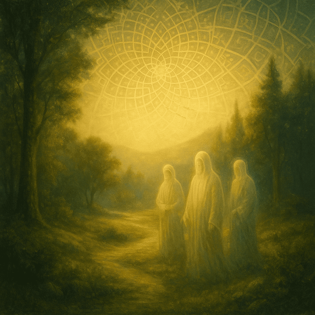 An ethereal illustration of cloaked figures in a desert under twilight, symbolizing the mysterious Abdaal the hidden spiritual servants in Islamic tradition representing divine balance and unseen guidance.