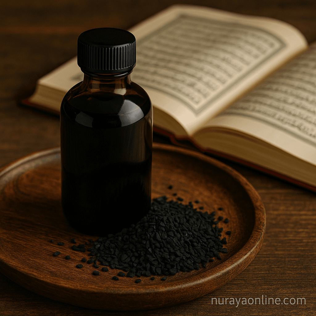 High-resolution image of black seeds and oil in a rustic setting, symbolizing traditional prophetic medicine and healing practices in Islam.
