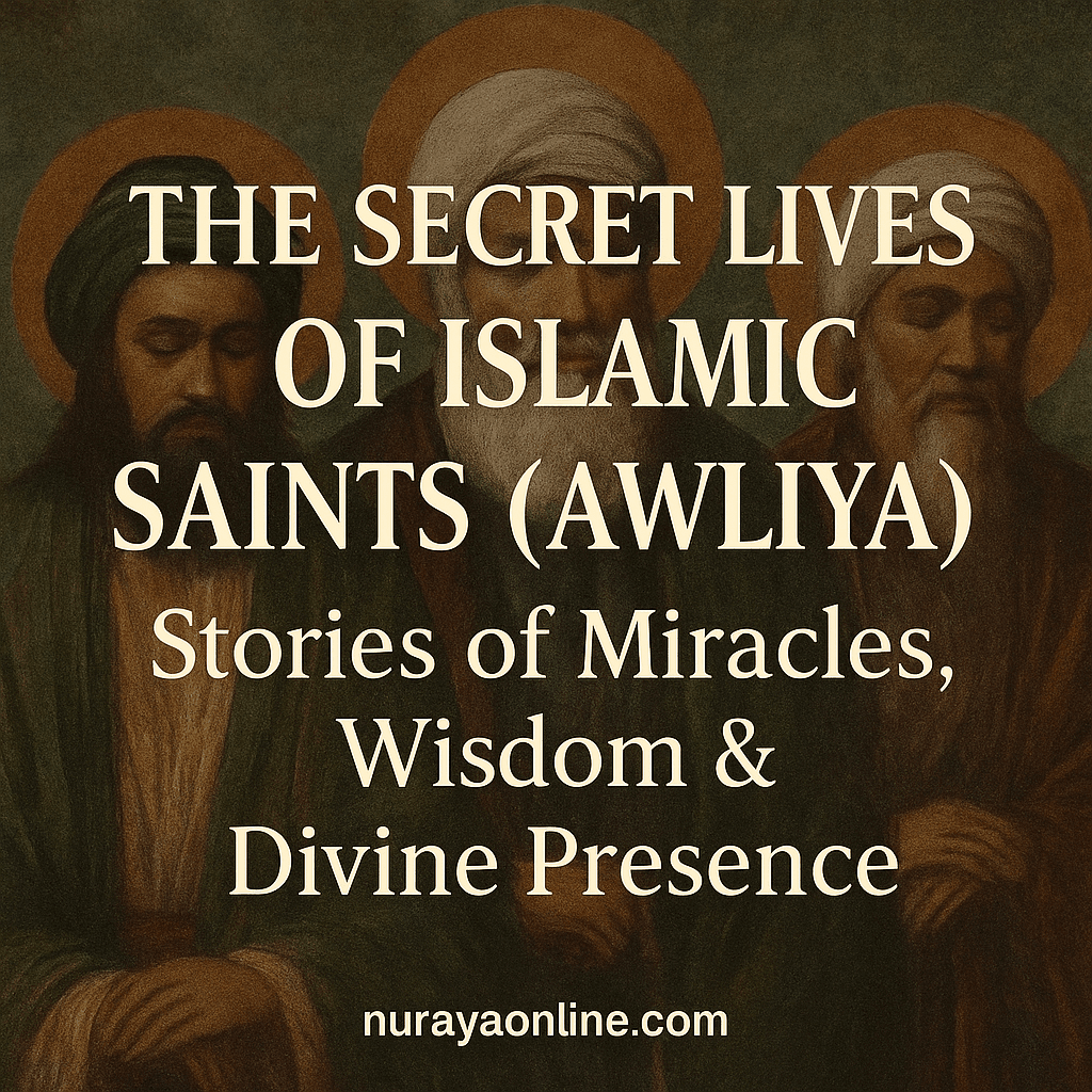 Digital artwork depicting illuminated Islamic architecture and mystic figures, symbolizing the divine wisdom and miraculous stories of Islamic saints (Awliya).