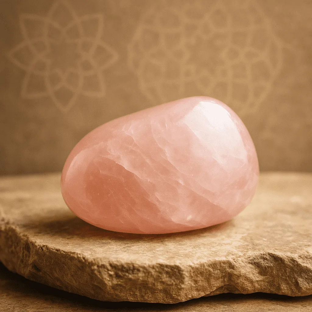 A delicate display of rose quartz crystals with soft lighting and Islamic geometric patterns, symbolizing emotional healing, divine love, and spiritual mercy in Islam.