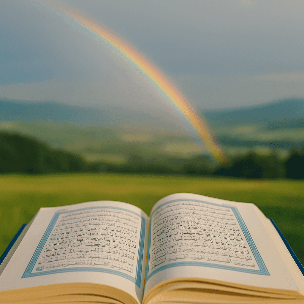 A serene rainbow arching over a peaceful landscape, symbolizing divine mercy, spiritual reflection, and meaning in Islamic tradition.