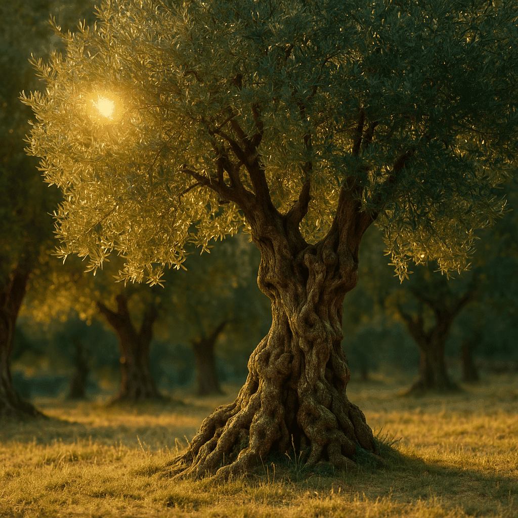 An olive tree with soft light in an Islamic backdrop symbolizing divine reflection, healing, and sacred meaning in Islam.