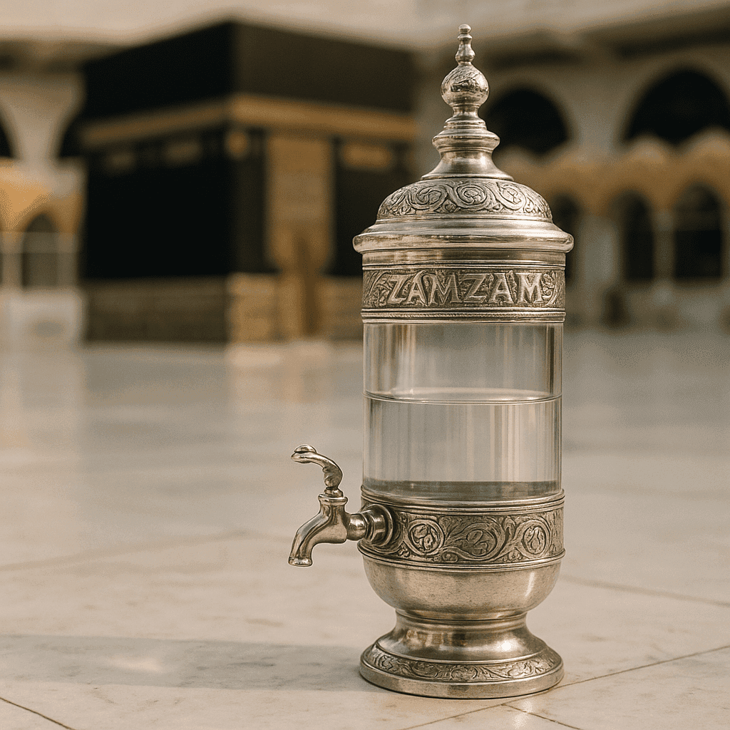 Zamzam water in a traditional Islamic setting symbolizing healing, historical significance, and divine mercy in Islam.