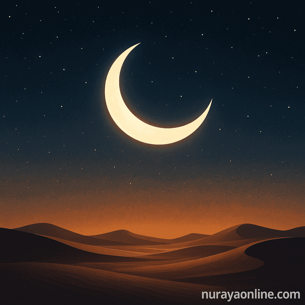 A glowing crescent moon over a serene Islamic landscape, symbolizing divine timing, human spiritual cycles, and sacred renewal in Islam.