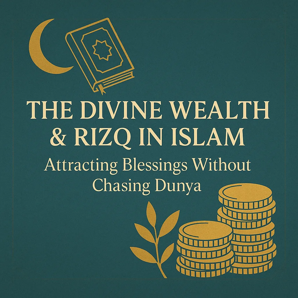 a digital islamic illustration with gold coins, light rays, and the words “divine wealth & rizq in islam.